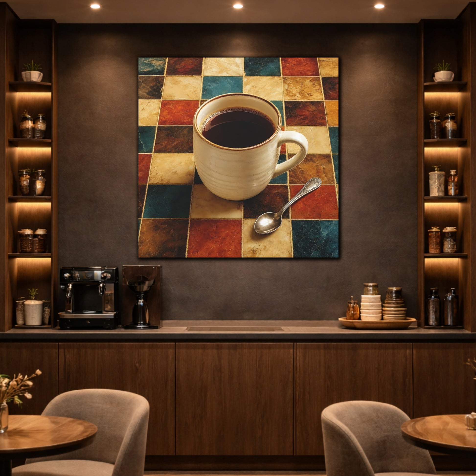 Mockup 2. Vintage Coffee Cup Warm Tones Coffee shown as stretched canvas wall art