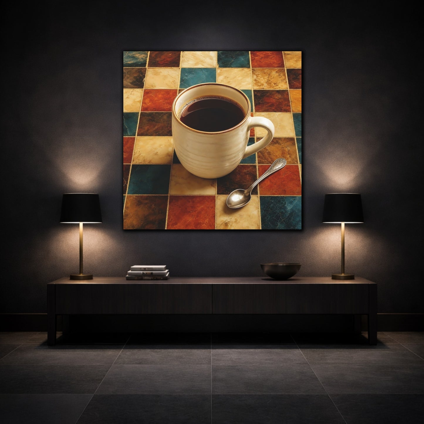 Mockup 3. Vintage Coffee Cup Warm Tones Coffee shown as stretched canvas wall art