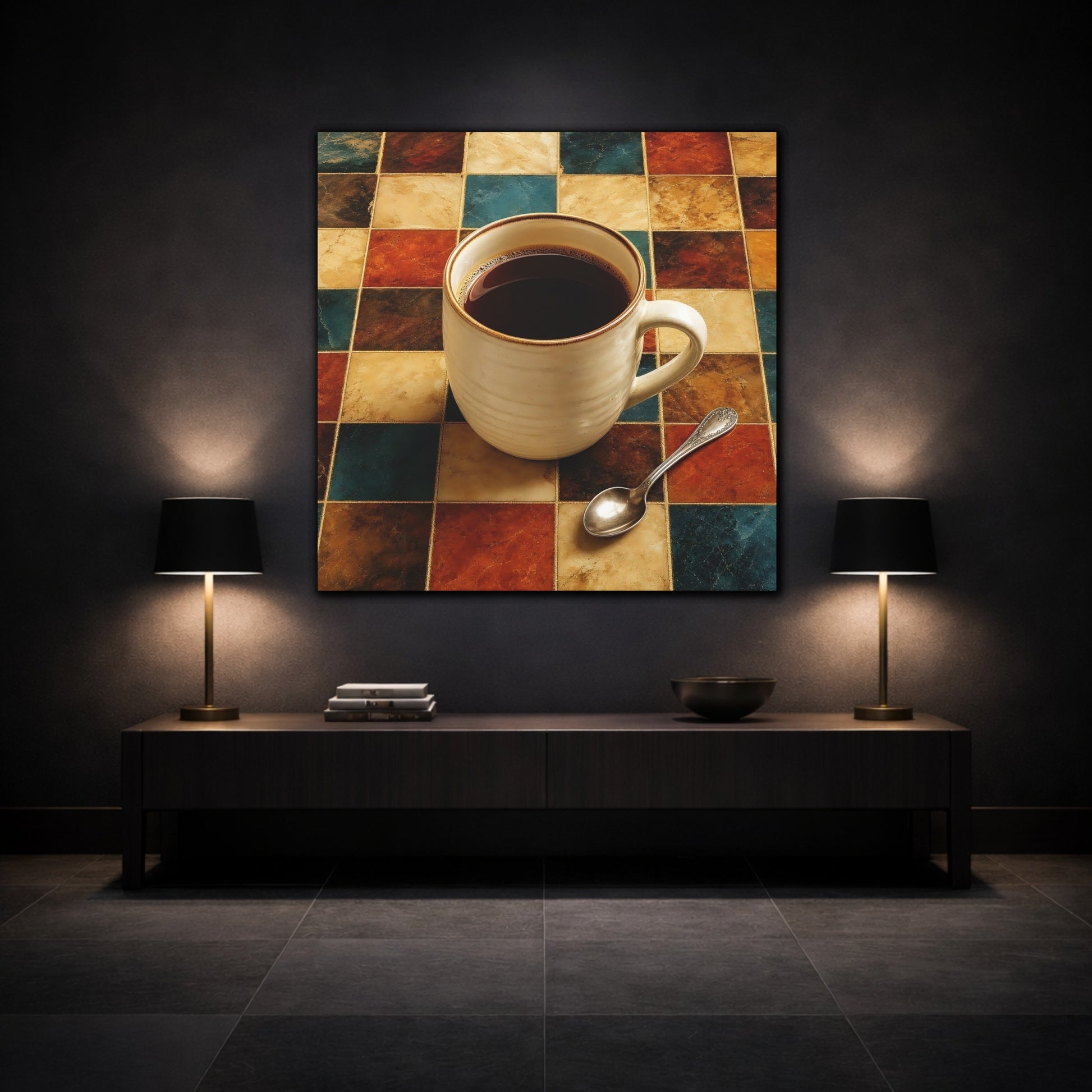 Mockup 3. Vintage Coffee Cup Warm Tones Coffee shown as stretched canvas wall art