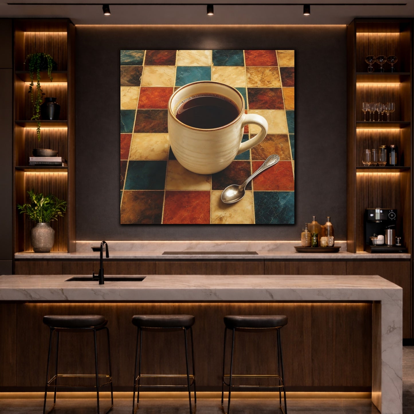Mockup 4. Vintage Coffee Cup Warm Tones Coffee shown as stretched canvas wall art