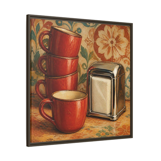 Main Mockup. Vintage Coffee Cups Red Coffee Cups shown as stretched canvas wall art