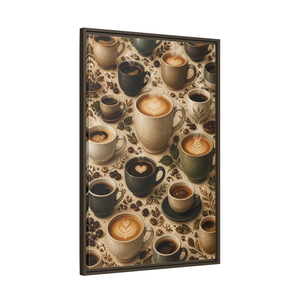 Vintage Coffee Cups Rustic Scene Framed Canvas Wall Art - Kitchen Decor, Dining Area shown as canvas wall art