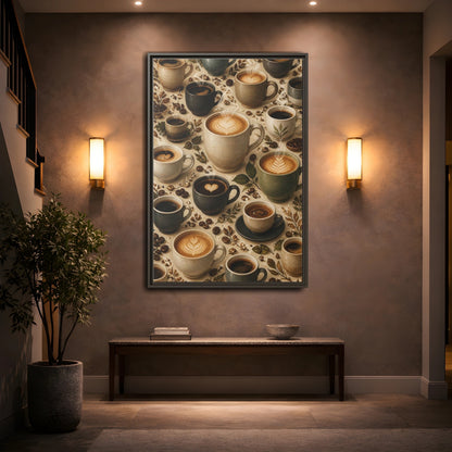 Vintage Coffee Cups Rustic Scene Framed Canvas Wall Art - Kitchen Decor, Dining Area shown as canvas wall art