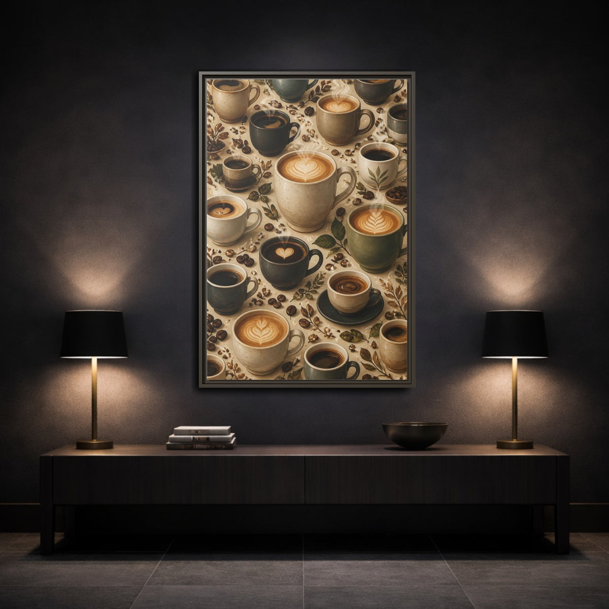 Vintage Coffee Cups Rustic Scene Framed Canvas Wall Art - Kitchen Decor, Dining Area shown as canvas wall art