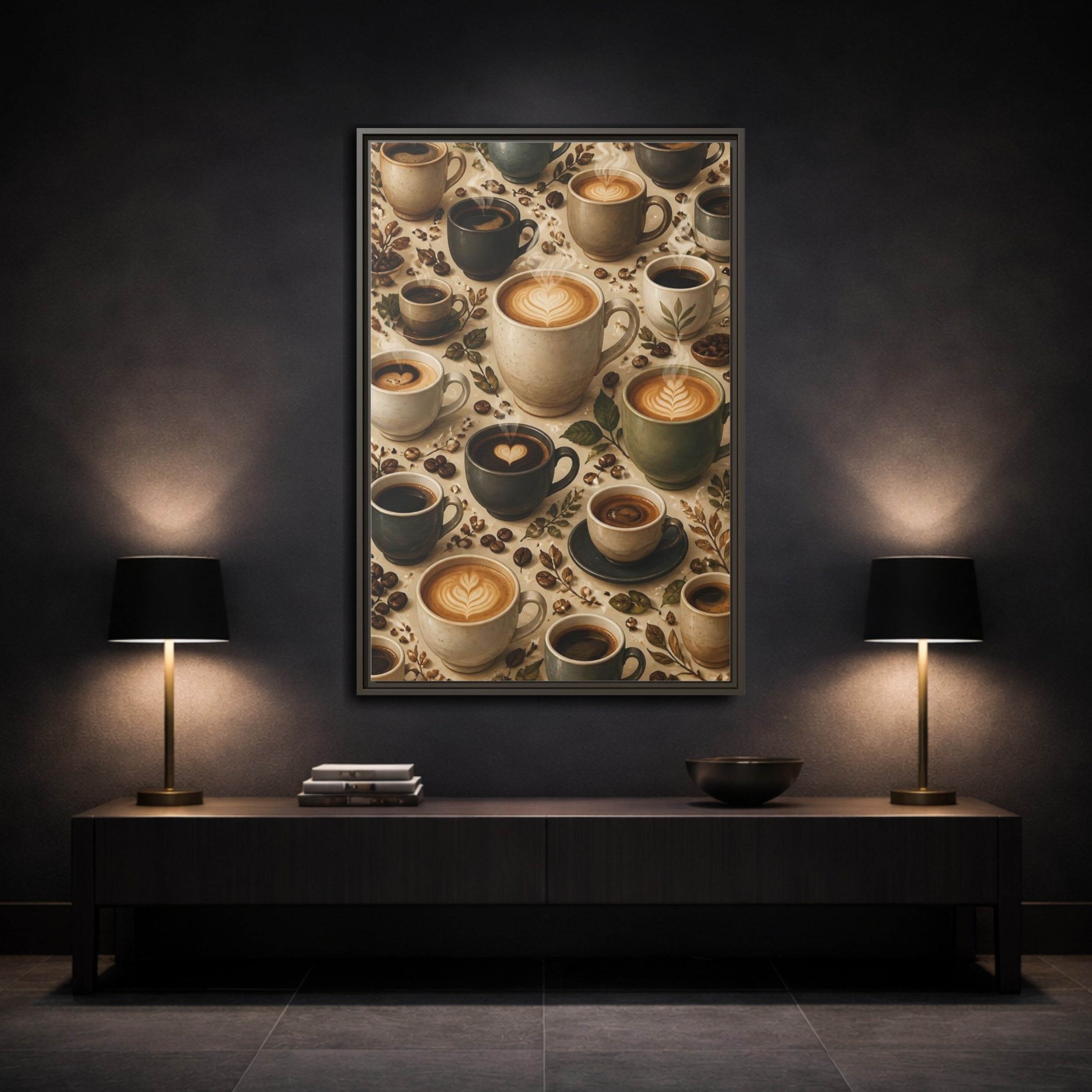 Mockup 3. Vintage Coffee Cups Rustic Coffee Scene shown as stretched canvas wall art