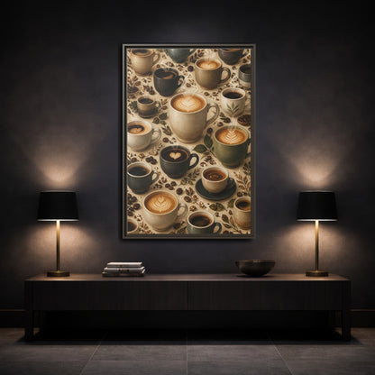 Vintage Coffee Cups Rustic Scene Framed Canvas Wall Art - Kitchen Decor, Dining Area shown as canvas wall art
