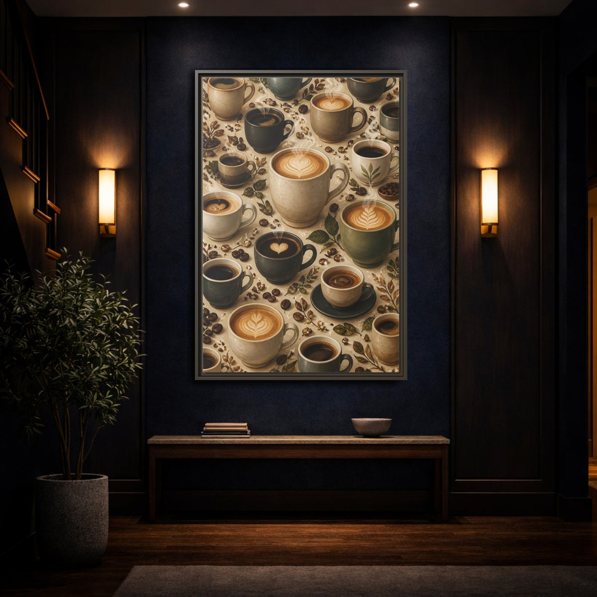 Vintage Coffee Cups Rustic Scene Framed Canvas Wall Art - Kitchen Decor, Dining Area shown as canvas wall art