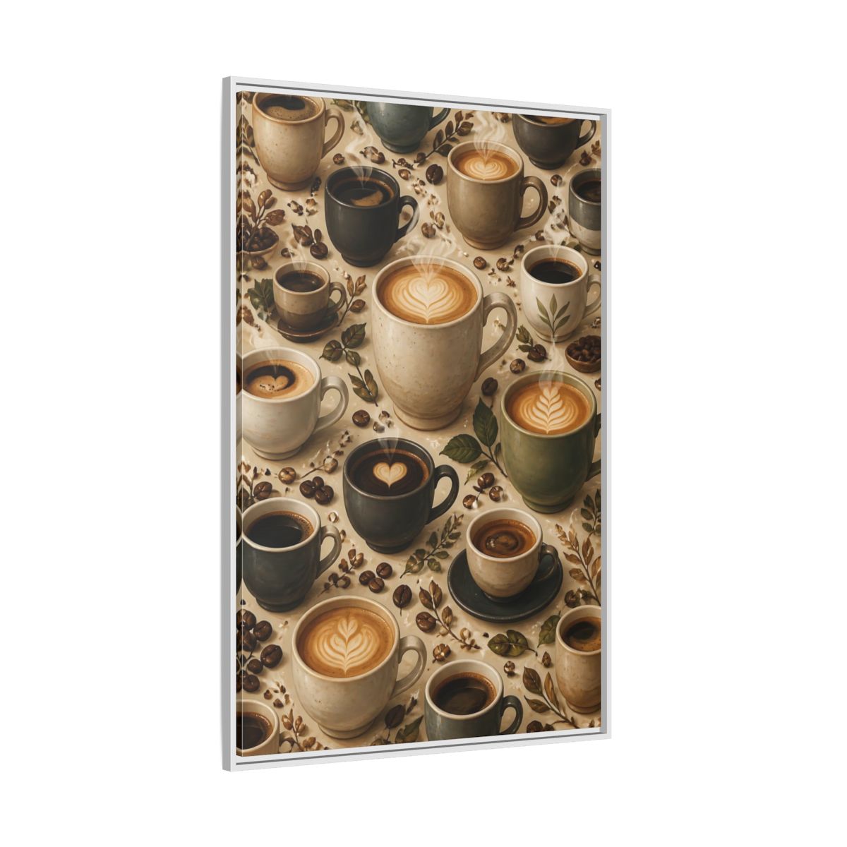 Side Mockup 7. Vintage Coffee Cups Rustic Coffee Scene shown as stretched canvas wall art