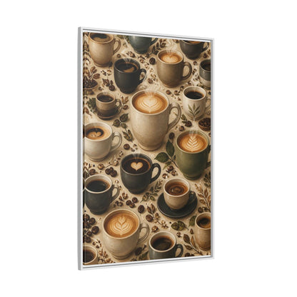 Vintage Coffee Cups Rustic Scene Framed Canvas Wall Art - Kitchen Decor, Dining Area shown as canvas wall art