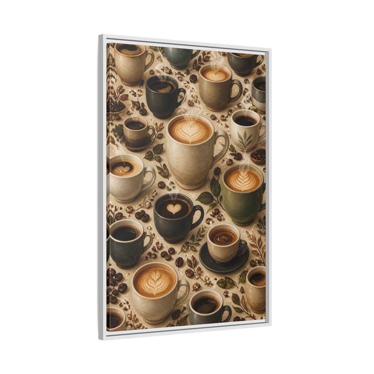 Side Mockup 9. Vintage Coffee Cups Rustic Coffee Scene shown as stretched canvas wall art