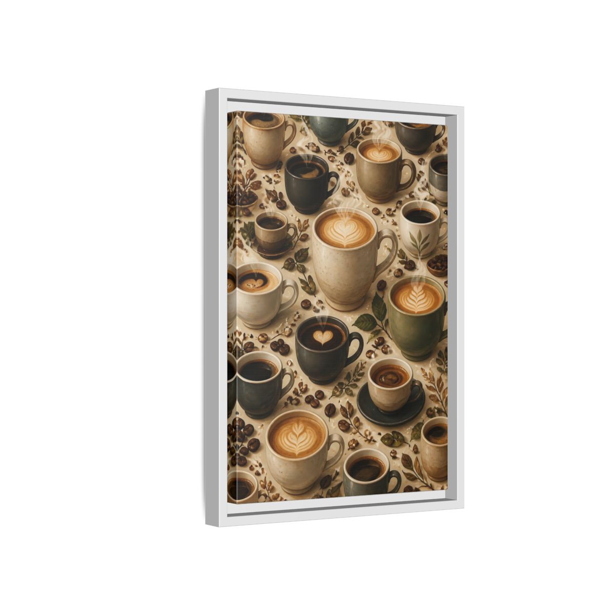 Vintage Coffee Cups Rustic Scene Framed Canvas Wall Art - Kitchen Decor, Dining Area shown as canvas wall art