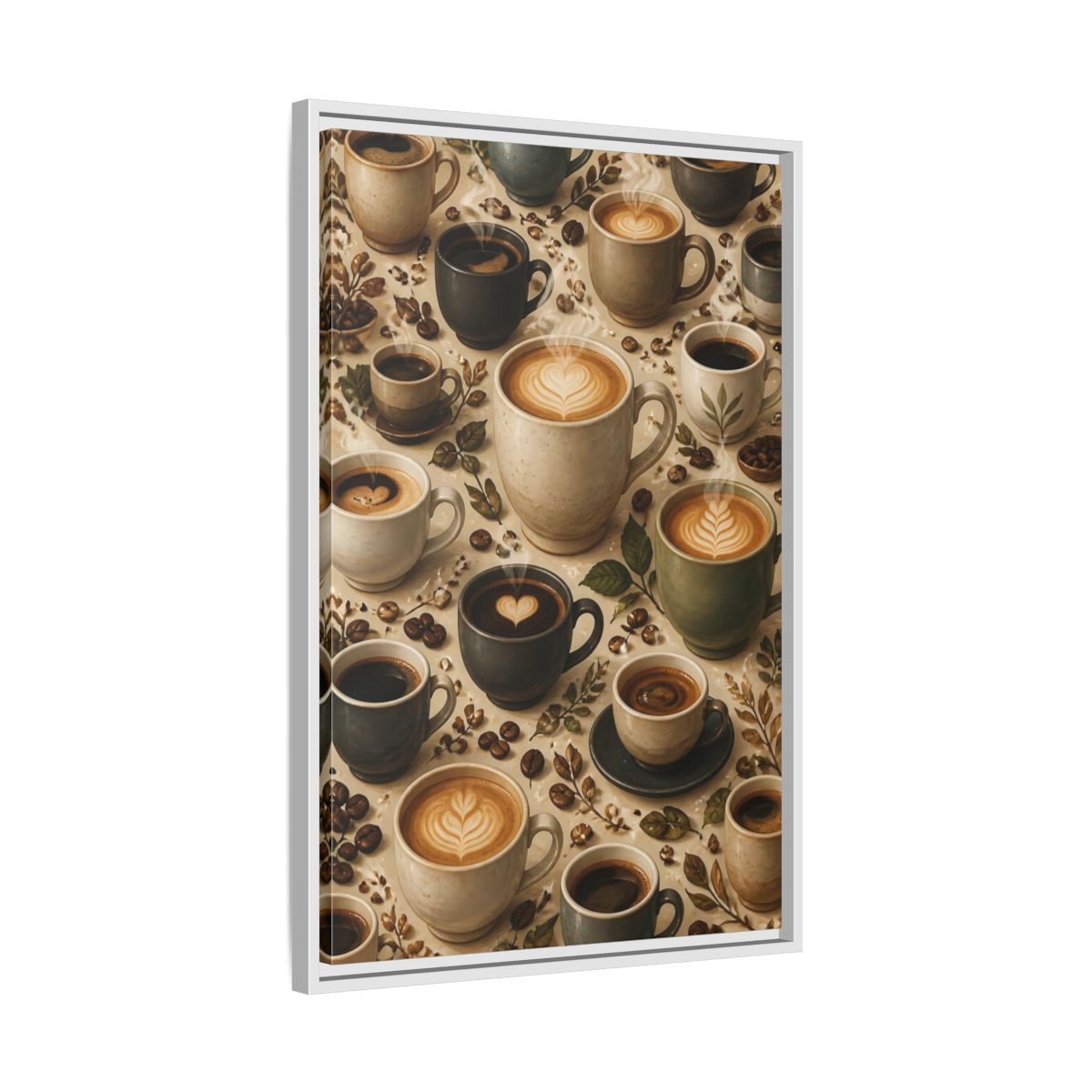 Vintage Coffee Cups Rustic Scene Framed Canvas Wall Art - Kitchen Decor, Dining Area shown as canvas wall art