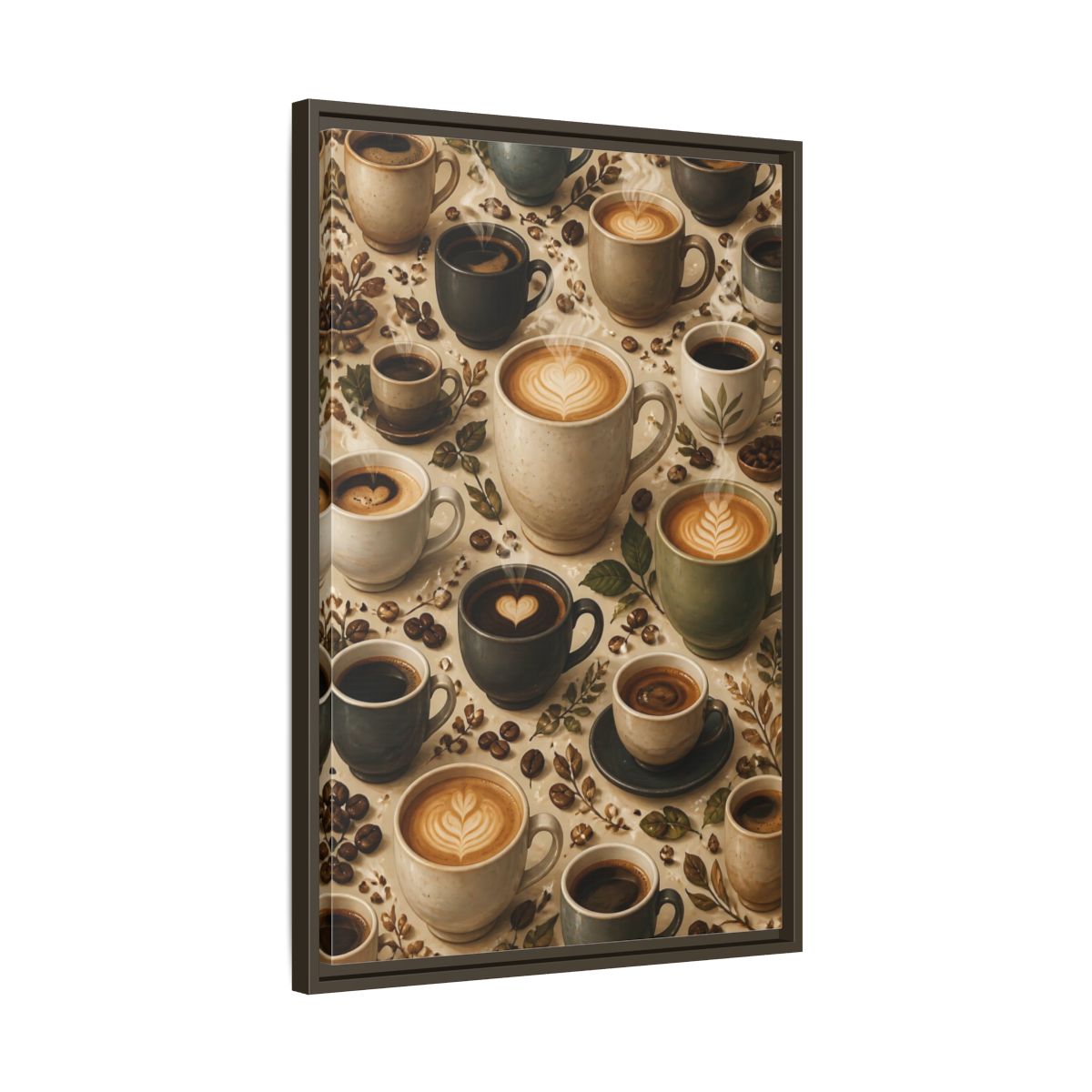 Side Mockup 11. Vintage Coffee Cups Rustic Coffee Scene shown as stretched canvas wall art