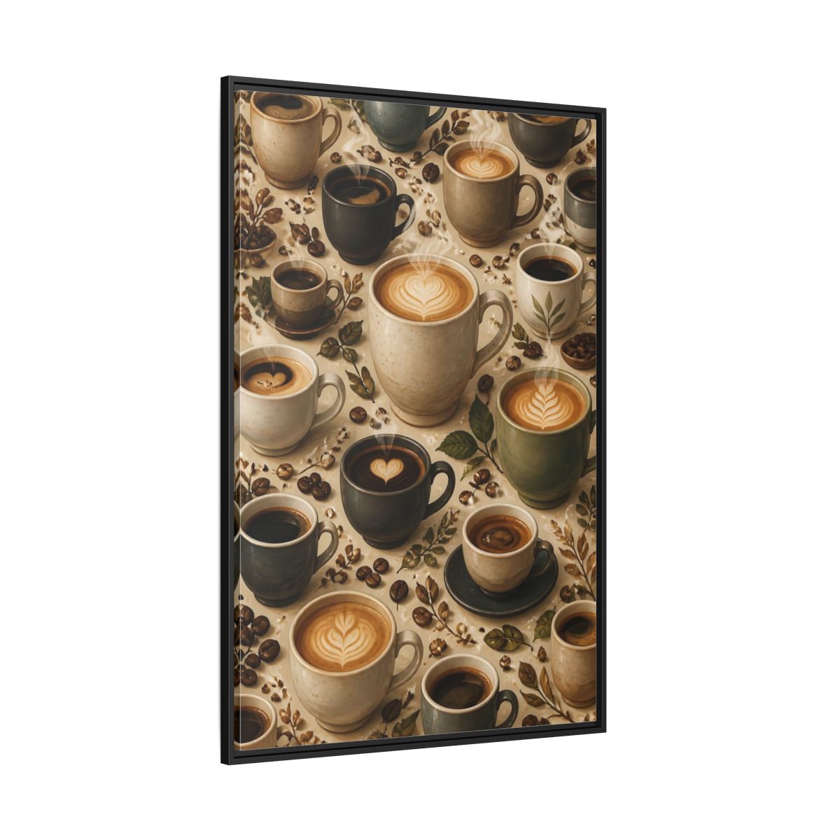 Side Mockup 12. Vintage Coffee Cups Rustic Coffee Scene shown as stretched canvas wall art