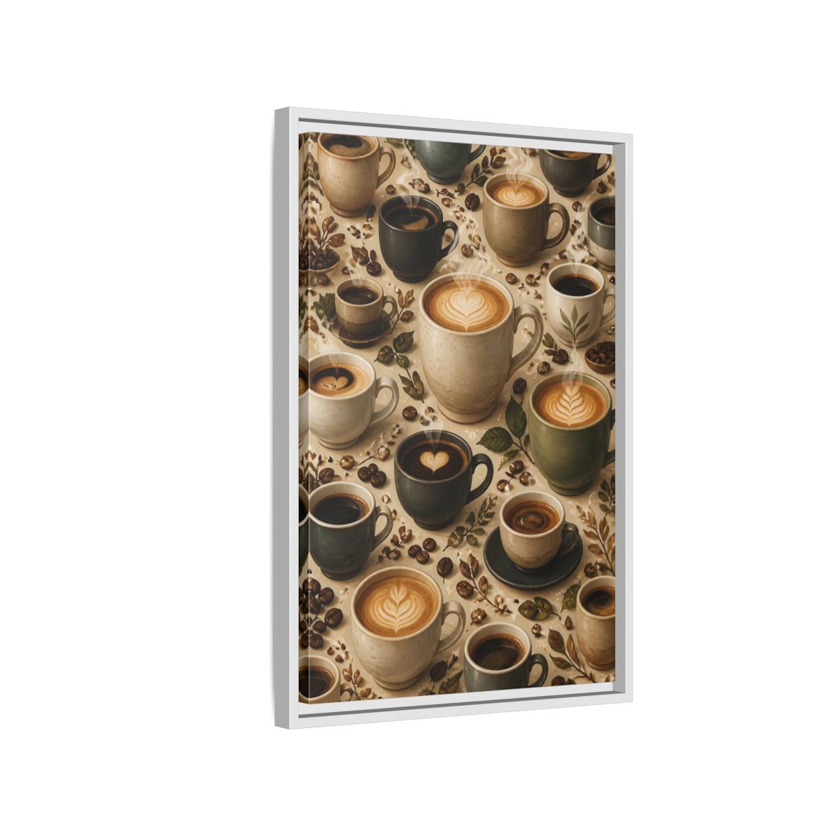 Vintage Coffee Cups Rustic Scene Framed Canvas Wall Art - Kitchen Decor, Dining Area shown as canvas wall art