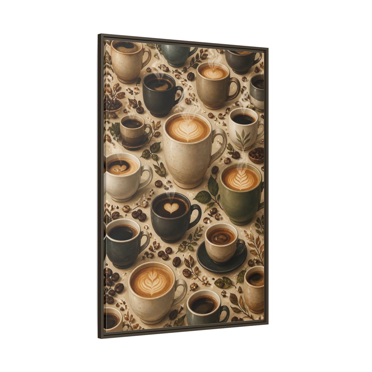 Side Mockup 8. Vintage Coffee Cups Rustic Coffee Scene shown as stretched canvas wall art