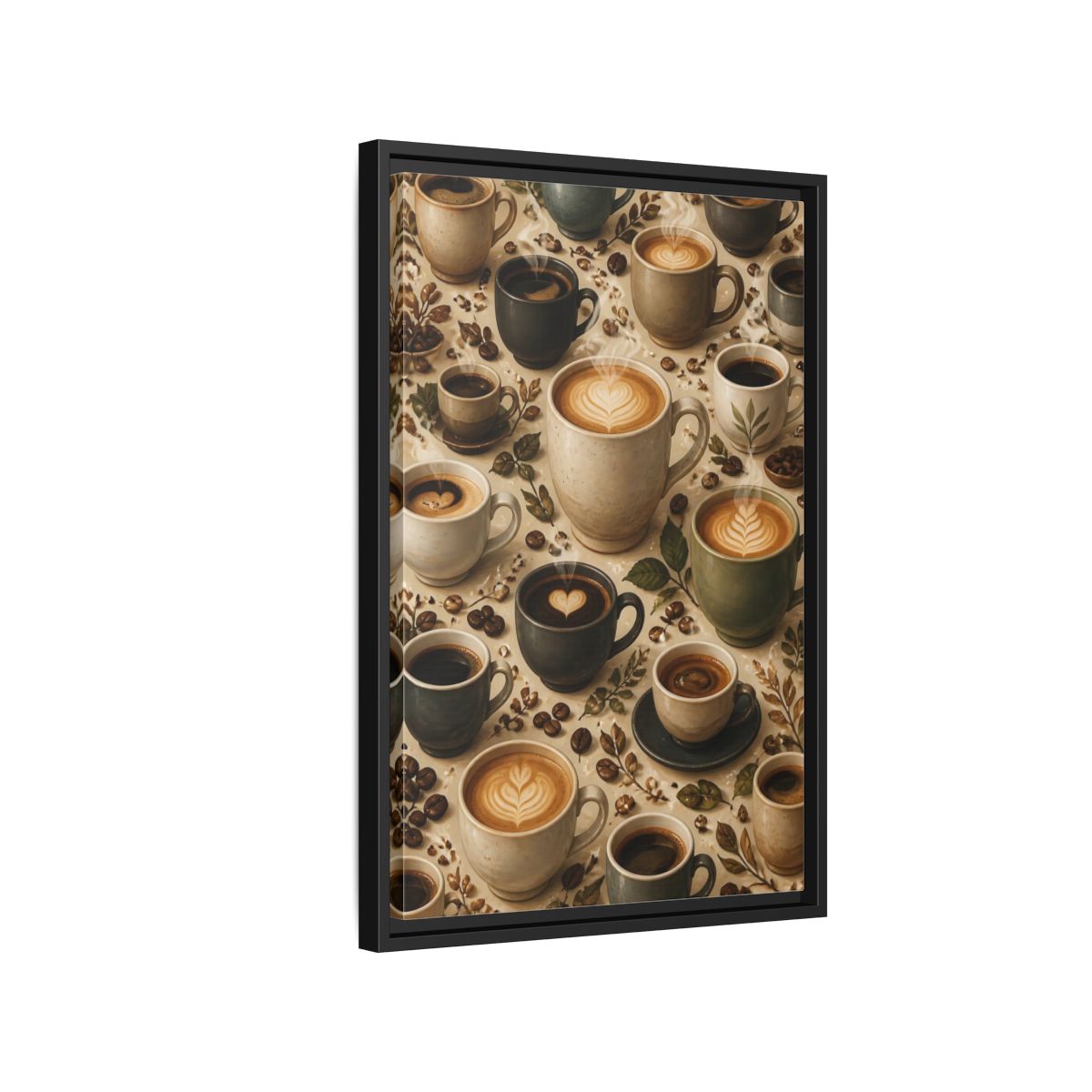 Vintage Coffee Cups Rustic Scene Framed Canvas Wall Art - Kitchen Decor, Dining Area shown as canvas wall art