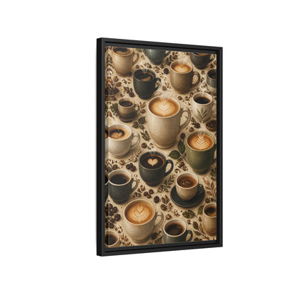 Vintage Coffee Cups Rustic Scene Framed Canvas Wall Art - Kitchen Decor, Dining Area shown as canvas wall art
