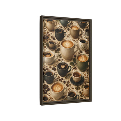 Vintage Coffee Cups Rustic Scene Framed Canvas Wall Art - Kitchen Decor, Dining Area shown as canvas wall art