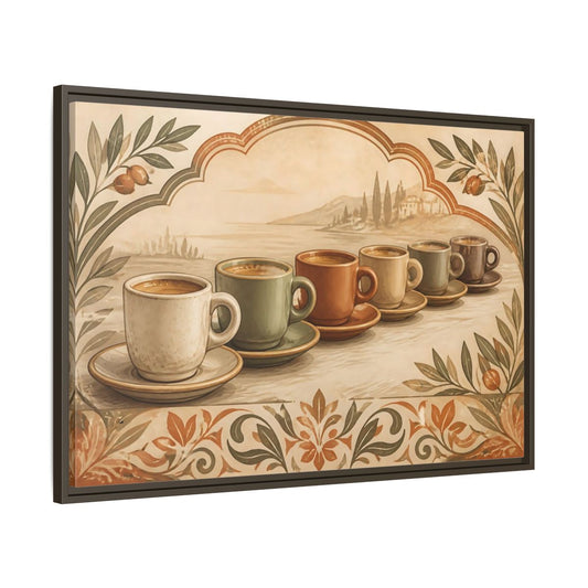 Main Mockup. Vintage Coffee Cups Warm Tones Coffee shown as stretched canvas wall art