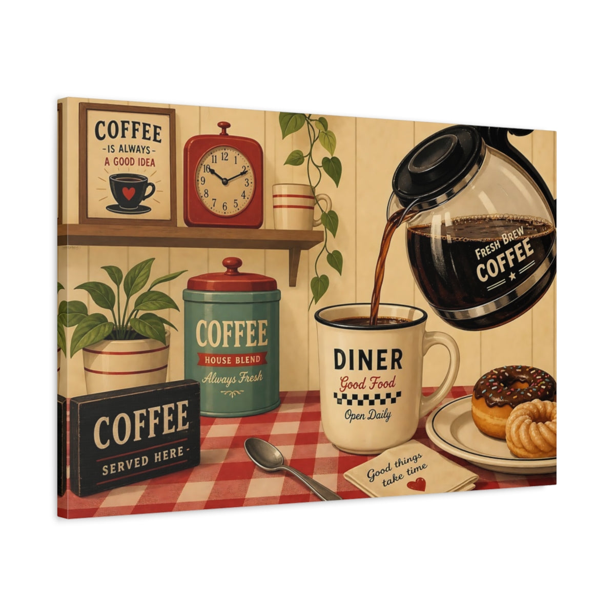 Side Mockup 2. Vintage Coffee Vintage Coffee Diner shown as stretched canvas wall art
