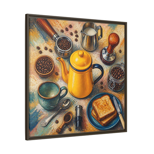 Main Mockup. Vintage Coffee Essentials Yellow Coffee Scene shown as stretched canvas wall art