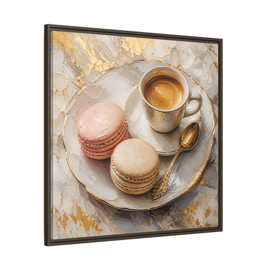 Main Mockup. Vintage Coffee Macarons Coffee Macarons Gold shown as stretched canvas wall art