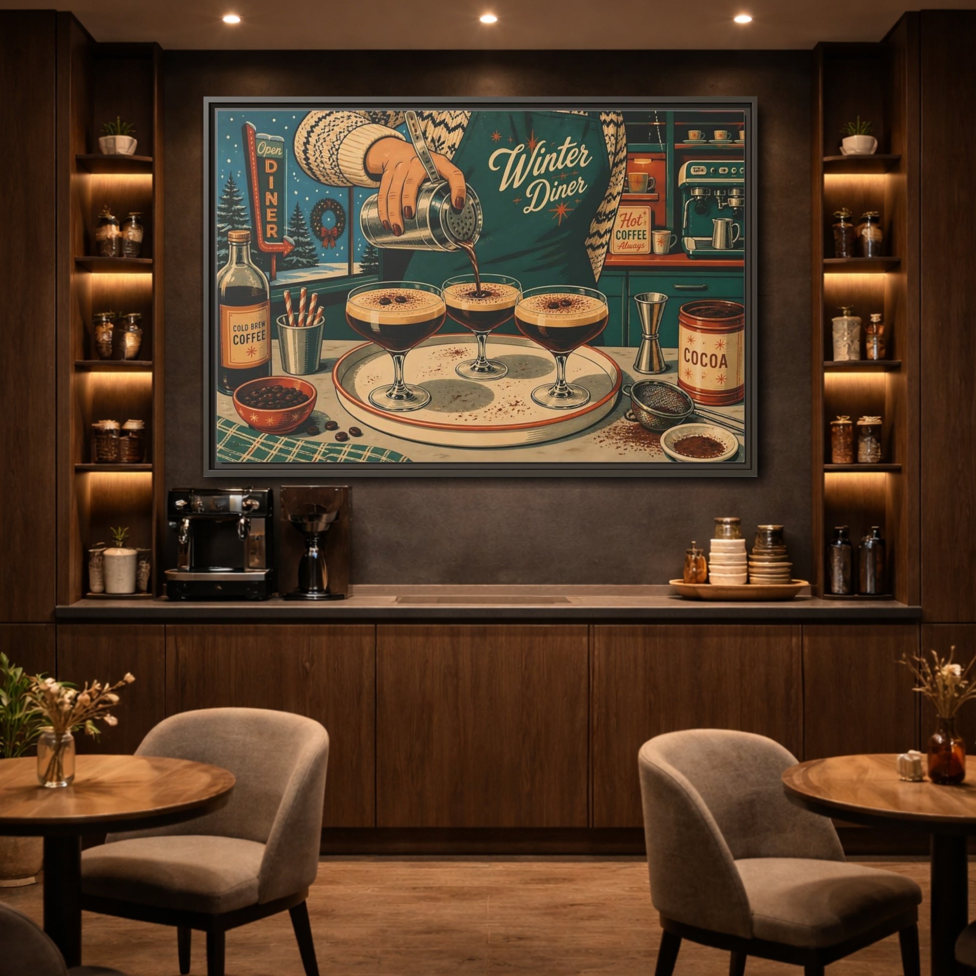 Mockup 2. Vintage Coffee Making Retro Teal Coffee shown as stretched canvas wall art