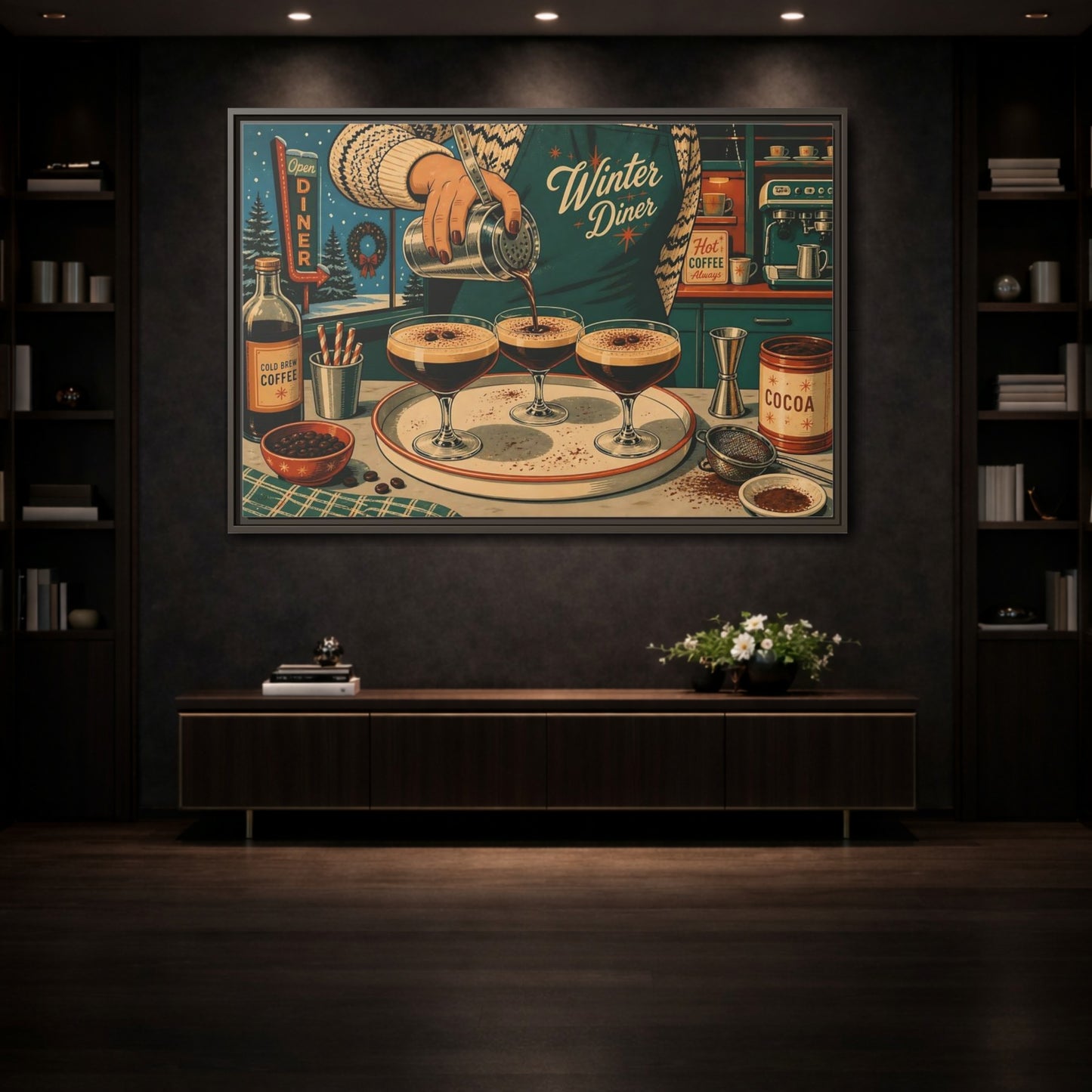 Mockup 3. Vintage Coffee Making Retro Teal Coffee shown as stretched canvas wall art