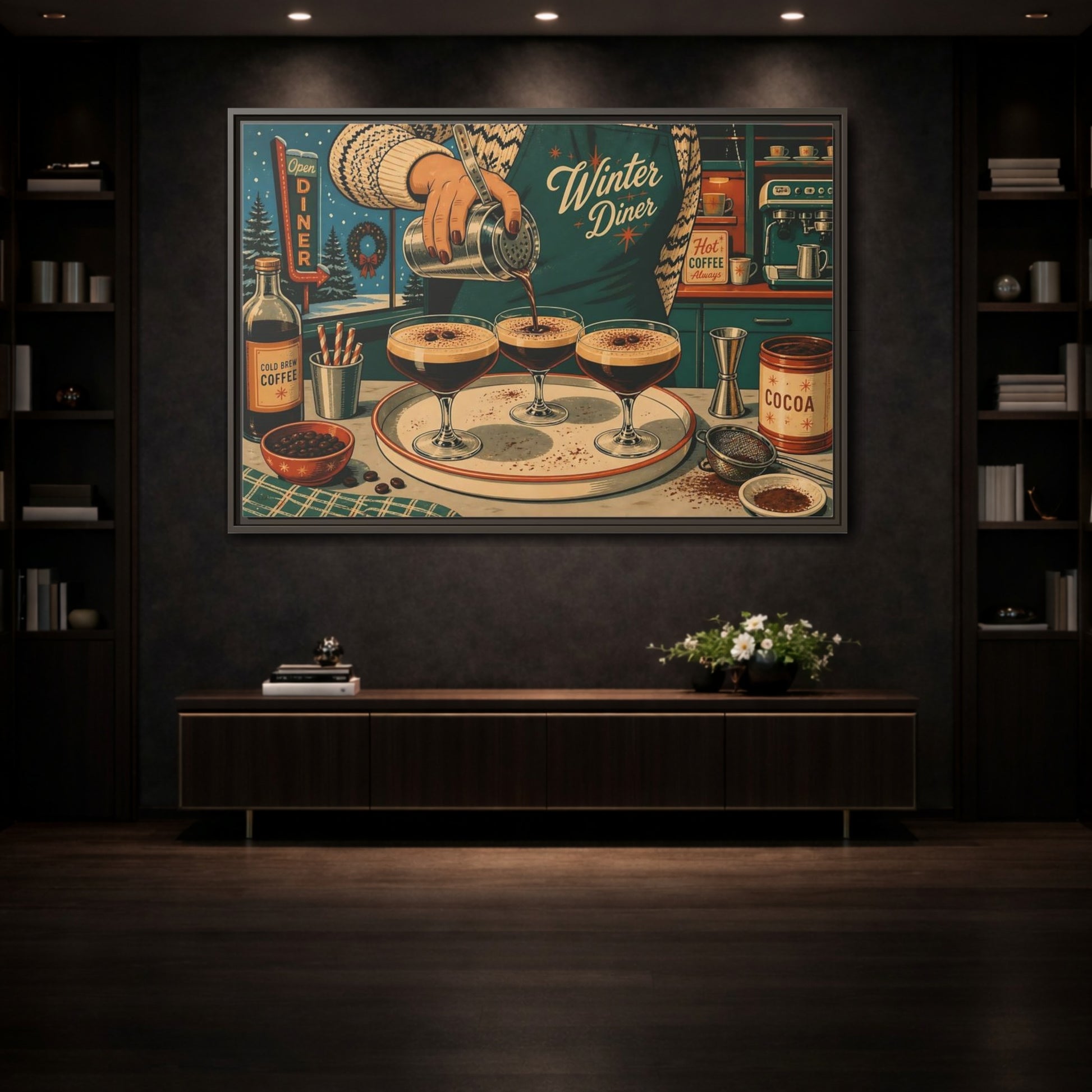 Mockup 3. Vintage Coffee Making Retro Teal Coffee shown as stretched canvas wall art