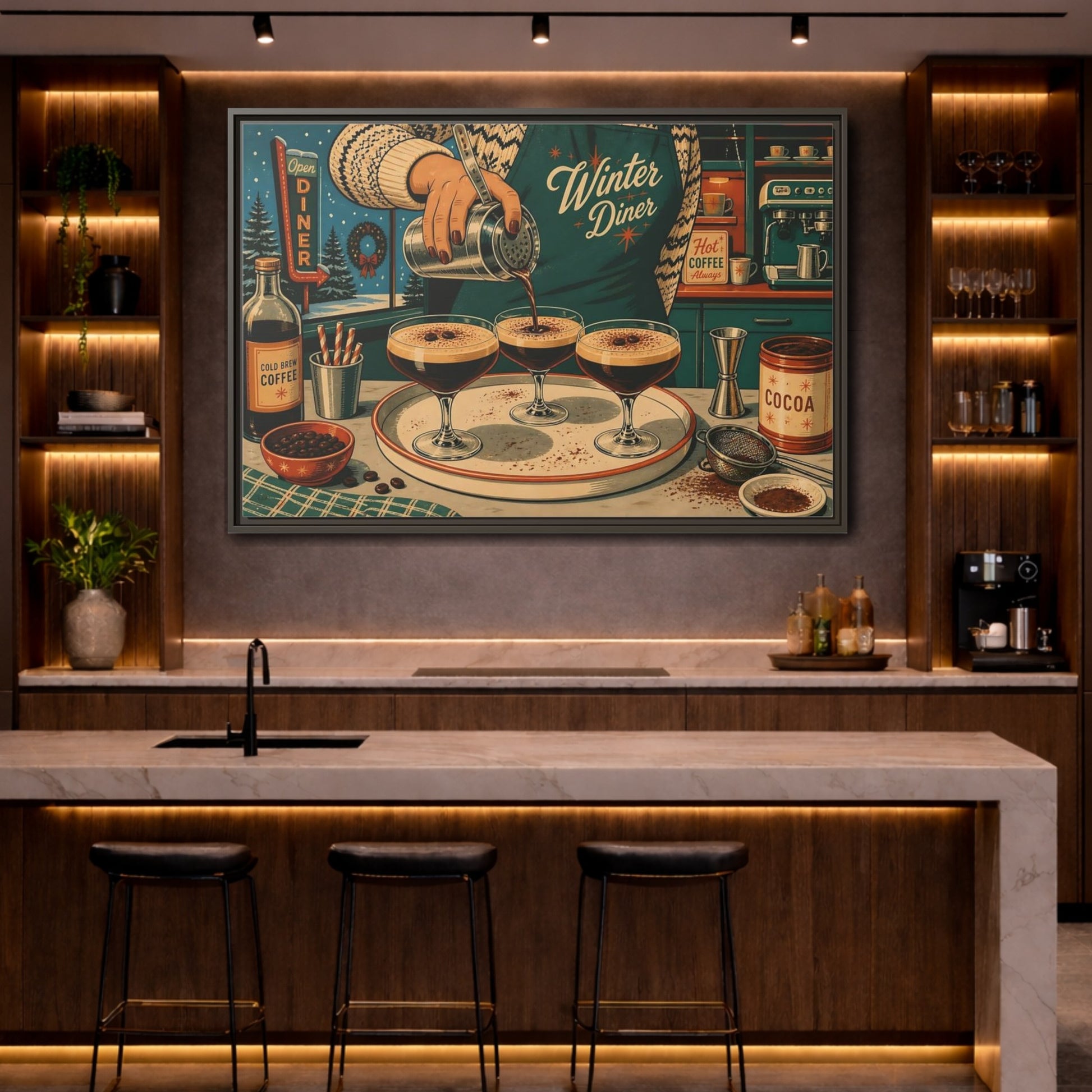 Mockup 4. Vintage Coffee Making Retro Teal Coffee shown as stretched canvas wall art