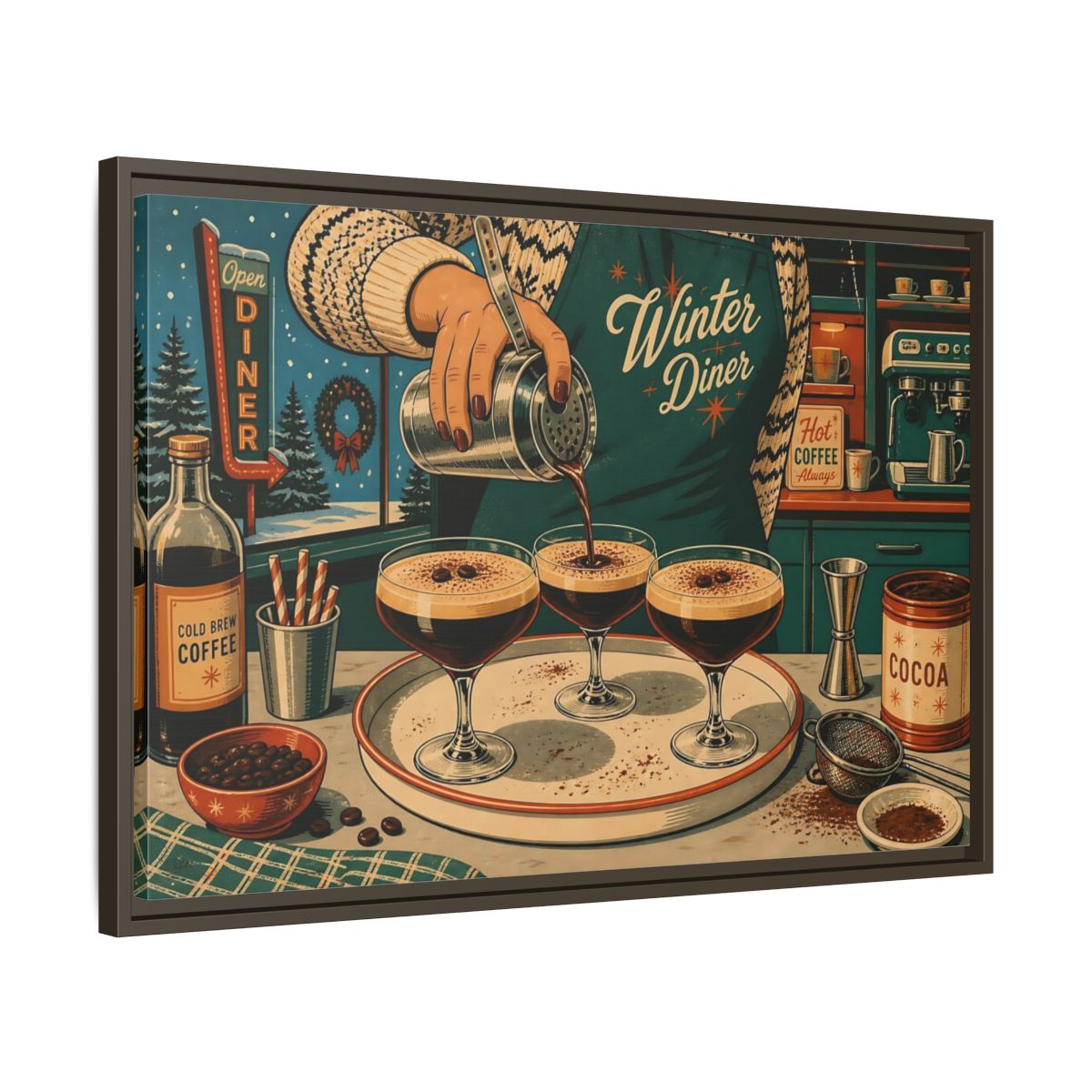 Side Mockup 11. Vintage Coffee Making Retro Teal Coffee shown as stretched canvas wall art