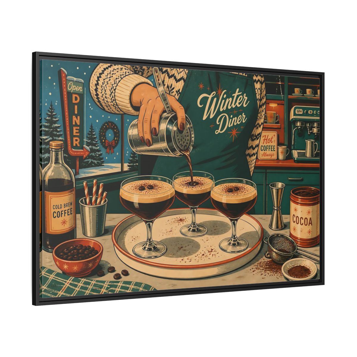 Side Mockup 12. Vintage Coffee Making Retro Teal Coffee shown as stretched canvas wall art