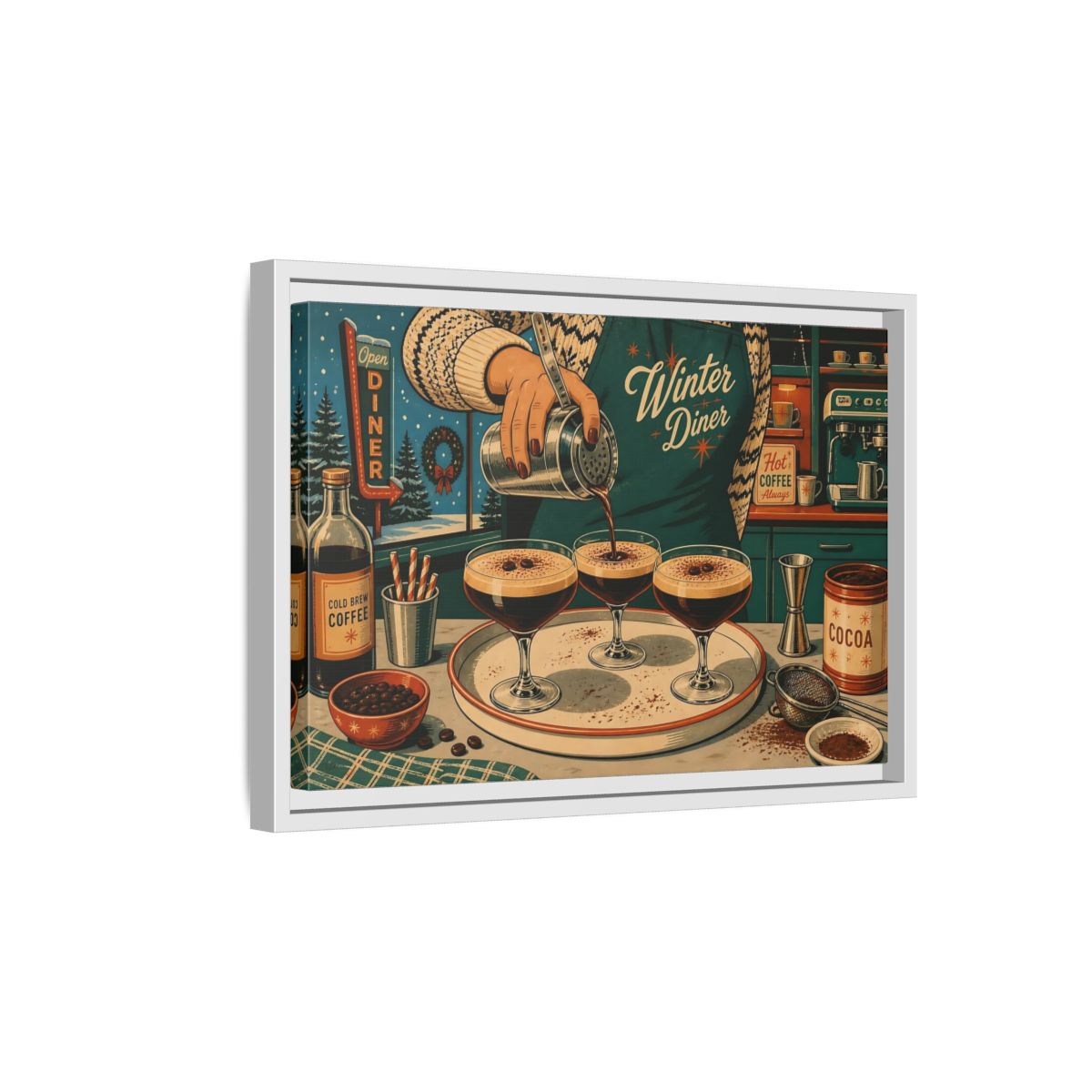 Side Mockup 4. Vintage Coffee Making Retro Teal Coffee shown as stretched canvas wall art