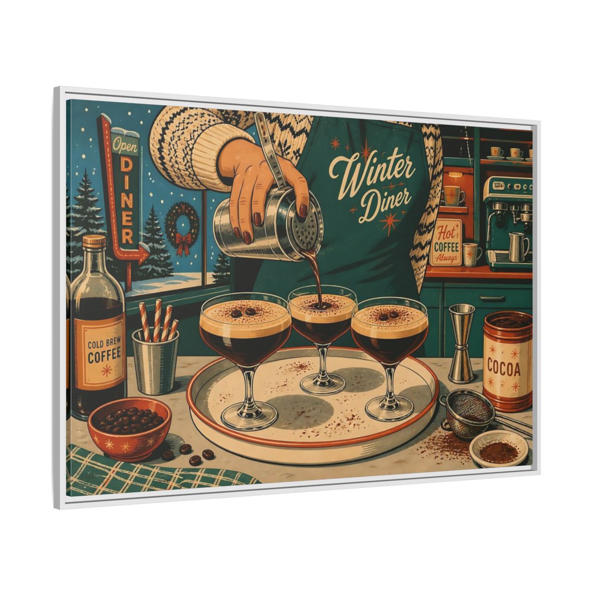 Side Mockup 7. Vintage Coffee Making Retro Teal Coffee shown as stretched canvas wall art