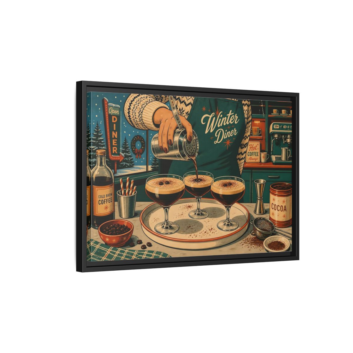 Side Mockup 3. Vintage Coffee Making Retro Teal Coffee shown as stretched canvas wall art