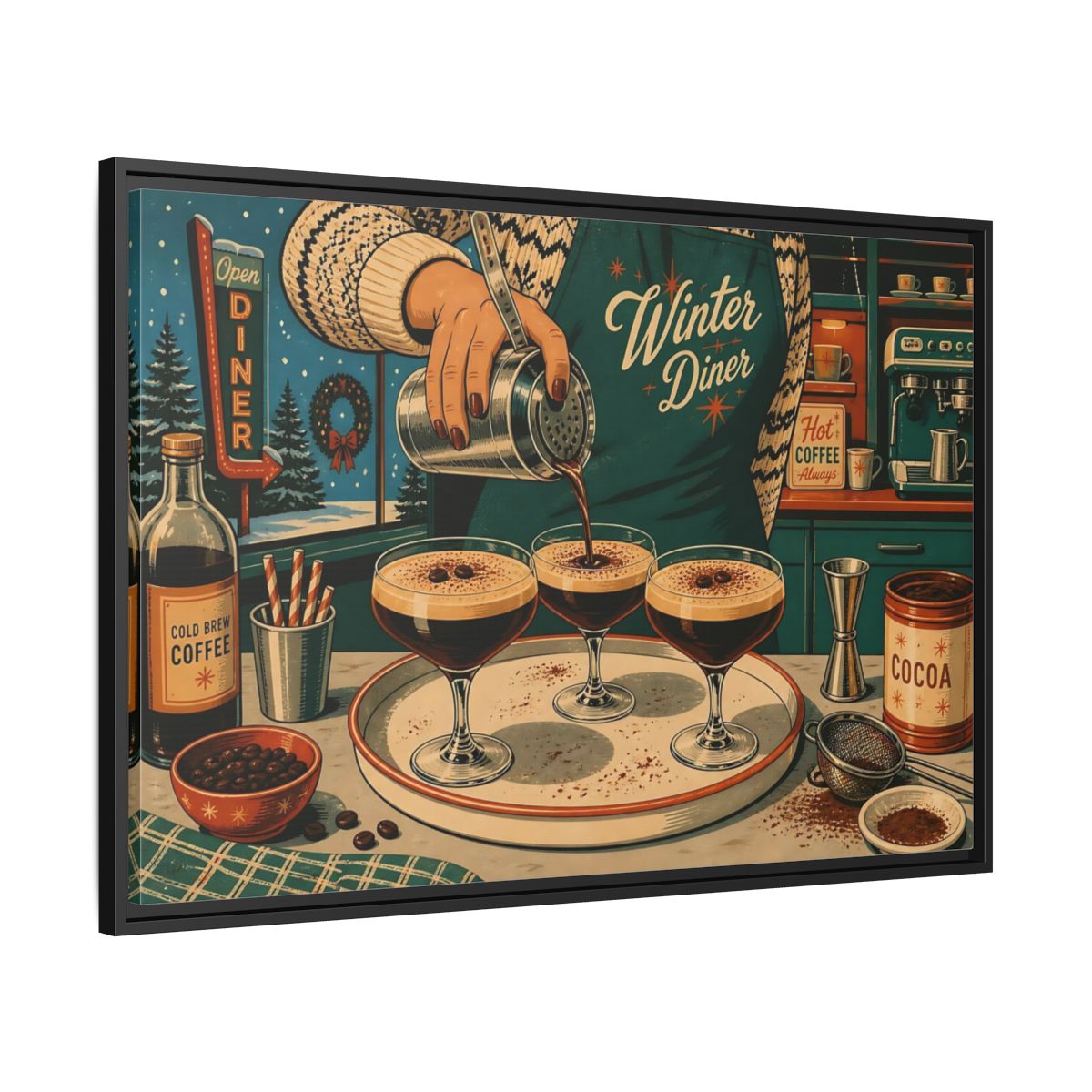 Side Mockup 13. Vintage Coffee Making Retro Teal Coffee shown as stretched canvas wall art