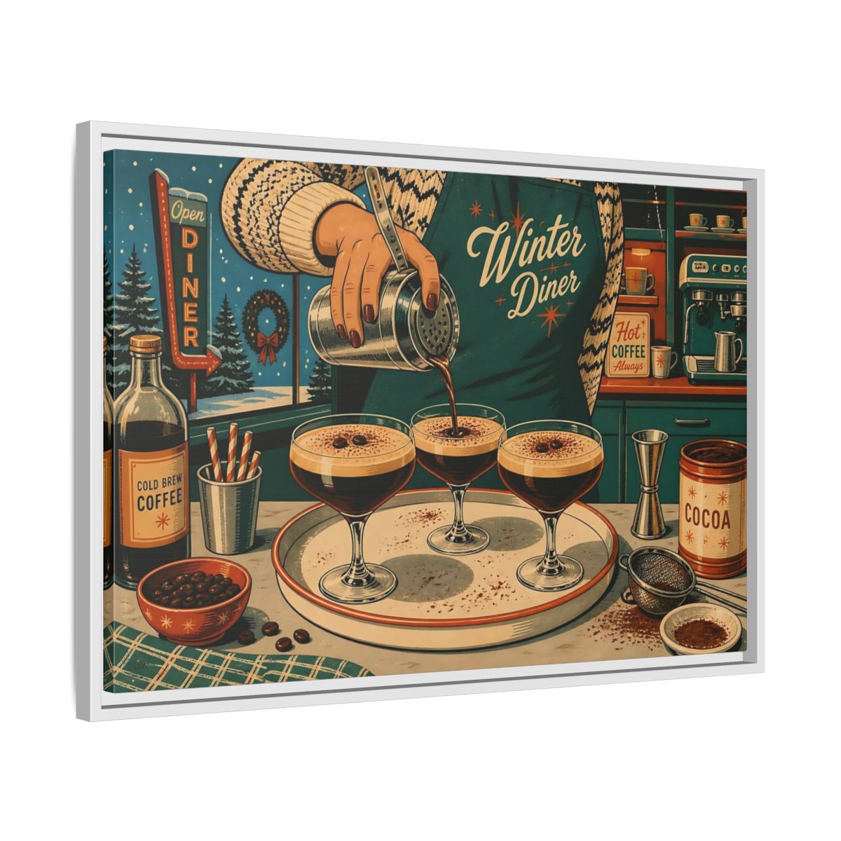 Side Mockup 10. Vintage Coffee Making Retro Teal Coffee shown as stretched canvas wall art