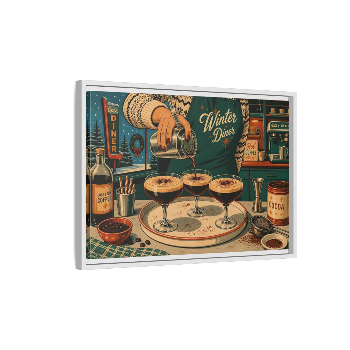 Side Mockup 1. Vintage Coffee Making Retro Teal Coffee shown as stretched canvas wall art