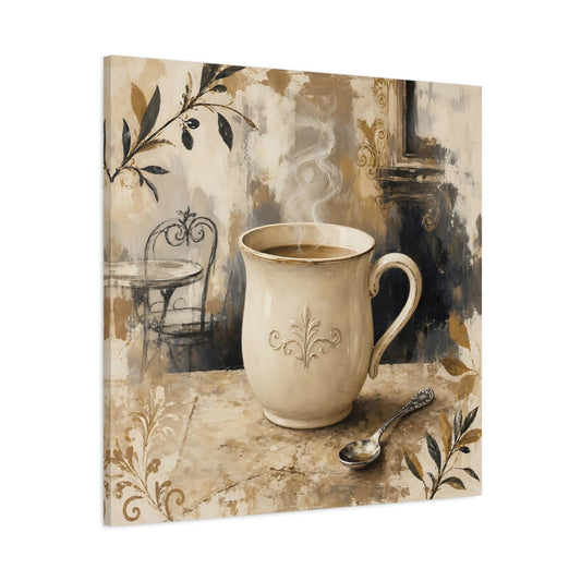Main Mockup. Vintage Coffee Mug Coffee Mug Beige Brown shown as stretched canvas wall art