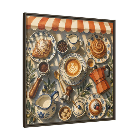 Main Mockup. Vintage Coffee Pastries Cafe Morning shown as stretched canvas wall art
