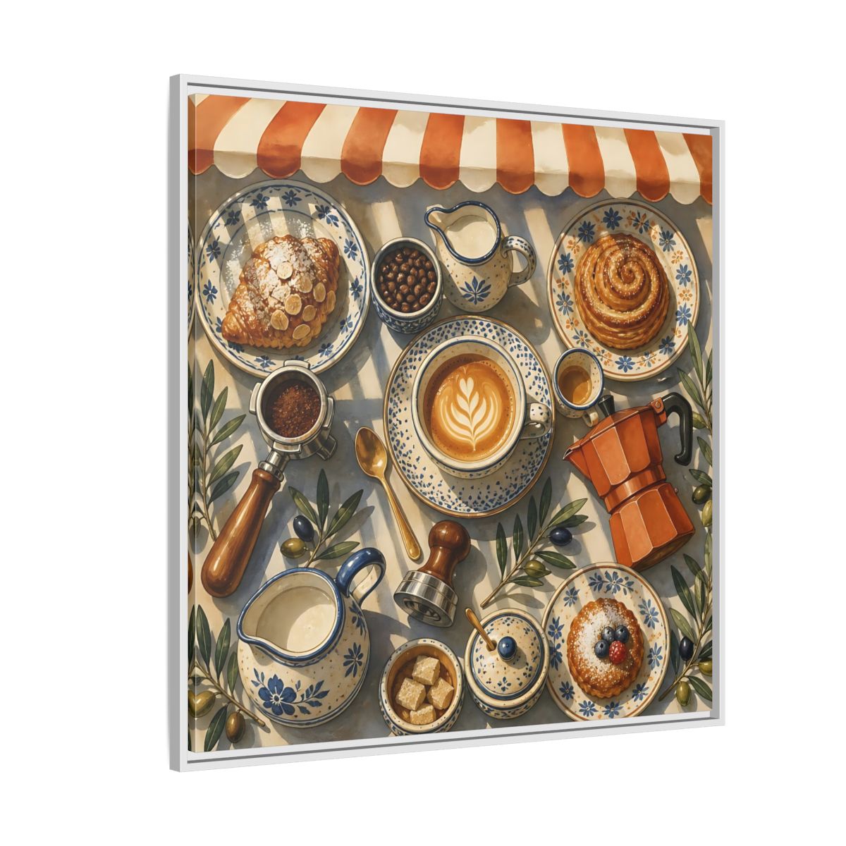 Side Mockup 4. Vintage Coffee Pastries Cafe Morning shown as stretched canvas wall art