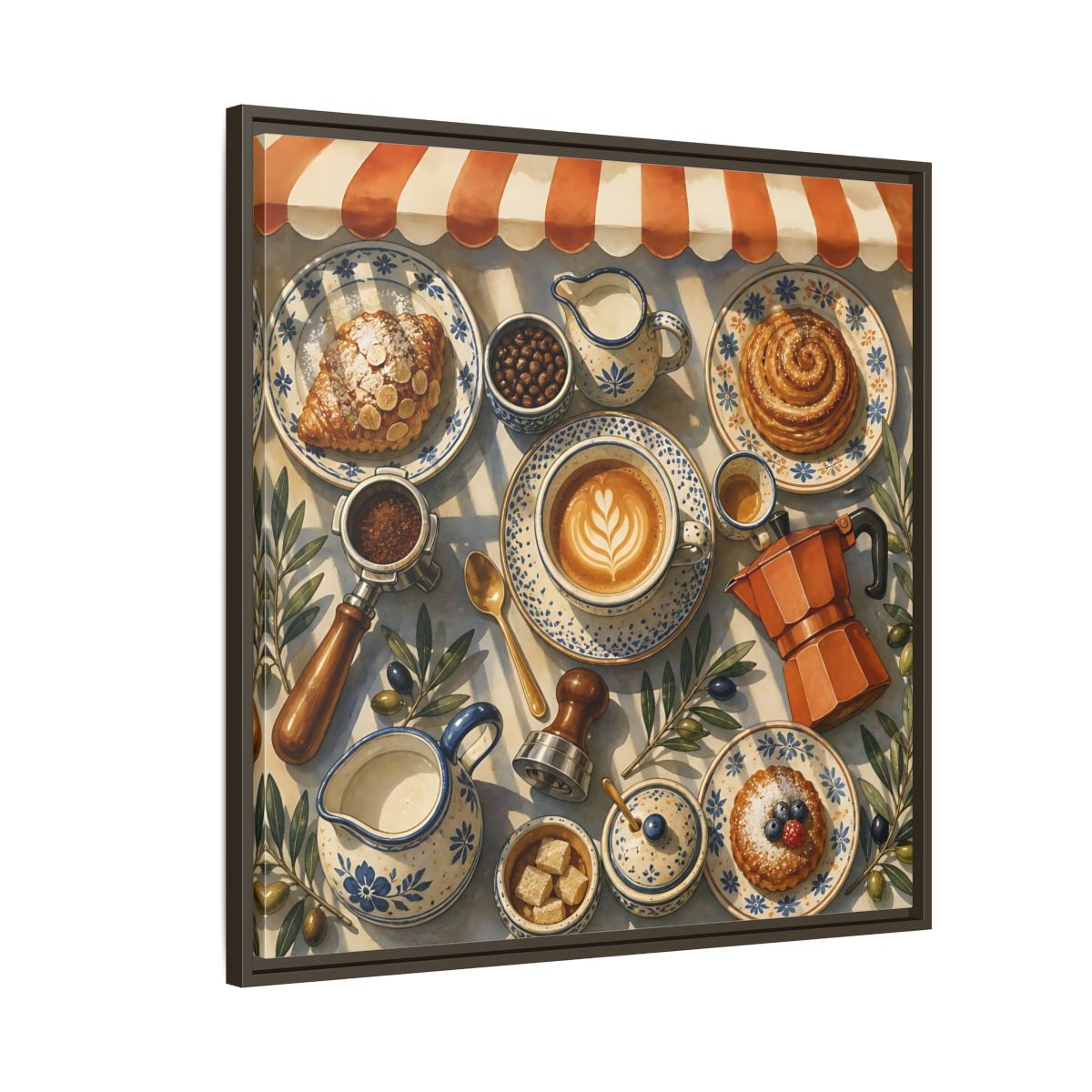 Side Mockup 8. Vintage Coffee Pastries Cafe Morning shown as stretched canvas wall art