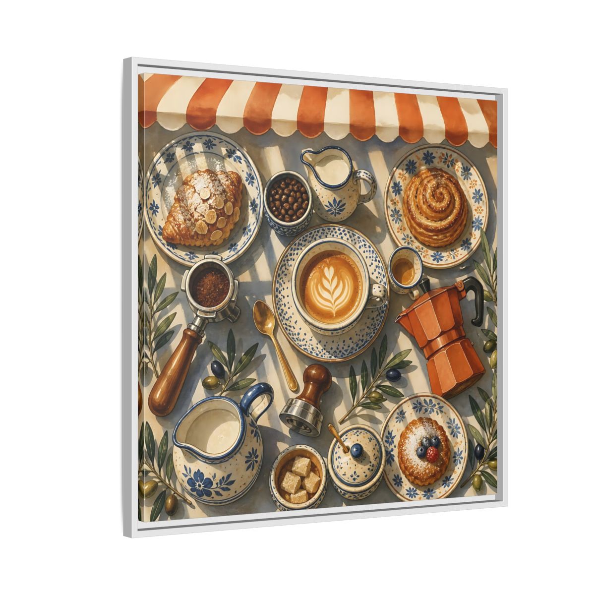 Side Mockup 7. Vintage Coffee Pastries Cafe Morning shown as stretched canvas wall art