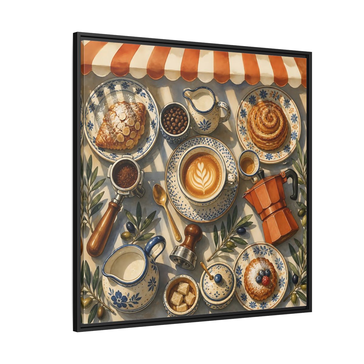 Side Mockup 6. Vintage Coffee Pastries Cafe Morning shown as stretched canvas wall art