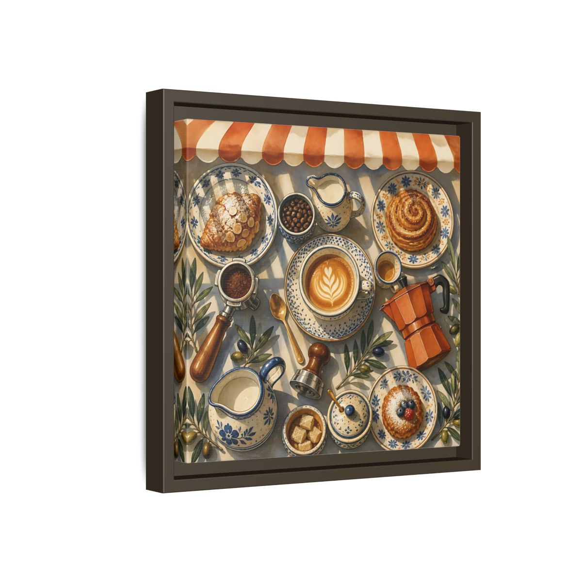 Side Mockup 17. Vintage Coffee Pastries Cafe Morning shown as stretched canvas wall art