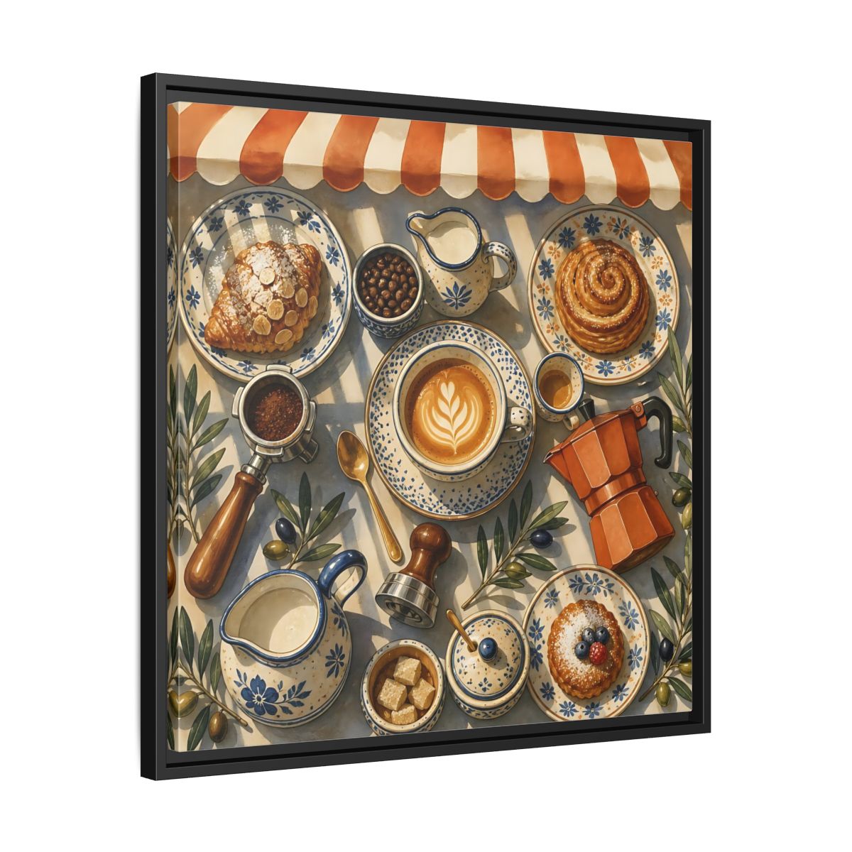 Side Mockup 31. Vintage Coffee Pastries Cafe Morning shown as stretched canvas wall art