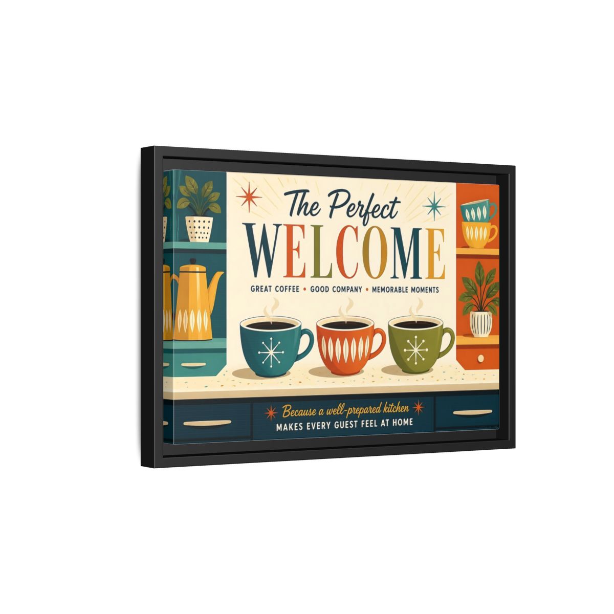 Side Mockup 6. Vintage Coffee Scene Retro Kitchen Welcome shown as stretched canvas wall art