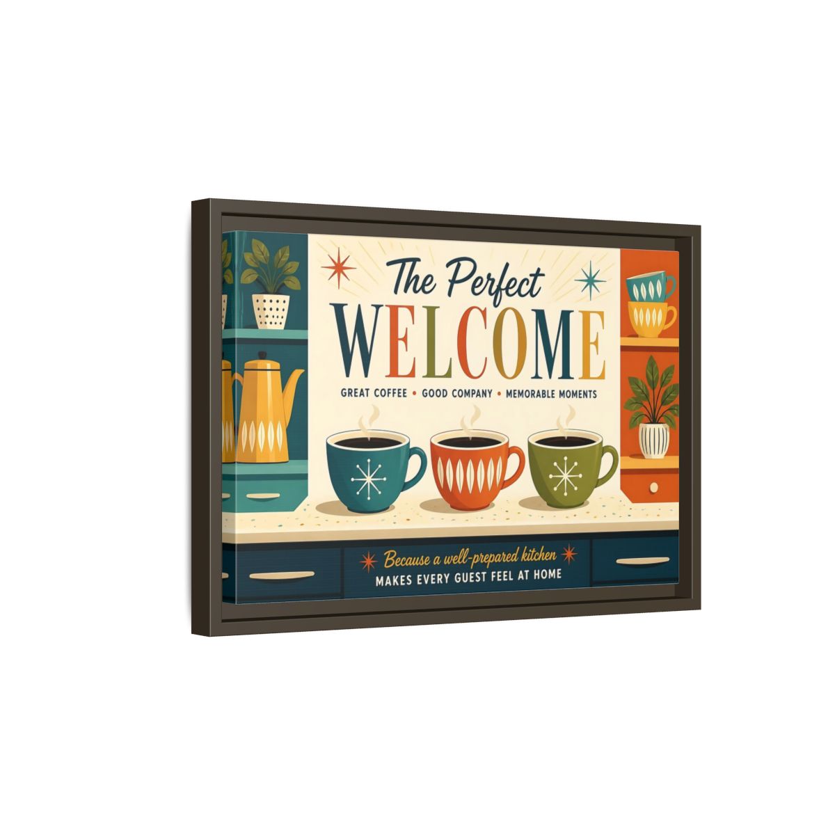 Side Mockup 5. Vintage Coffee Scene Retro Kitchen Welcome shown as stretched canvas wall art