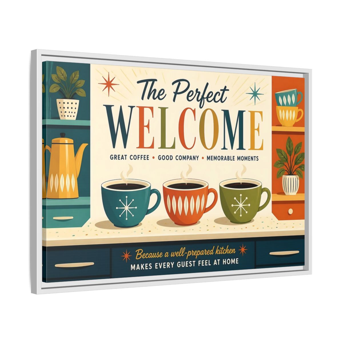 Side Mockup 10. Vintage Coffee Scene Retro Kitchen Welcome shown as stretched canvas wall art